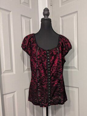 Studio Y Black and Red Lace Stretch Shirt Size XL